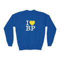 Blue sweatshirt with 'I ❤️ BP' text on a white background