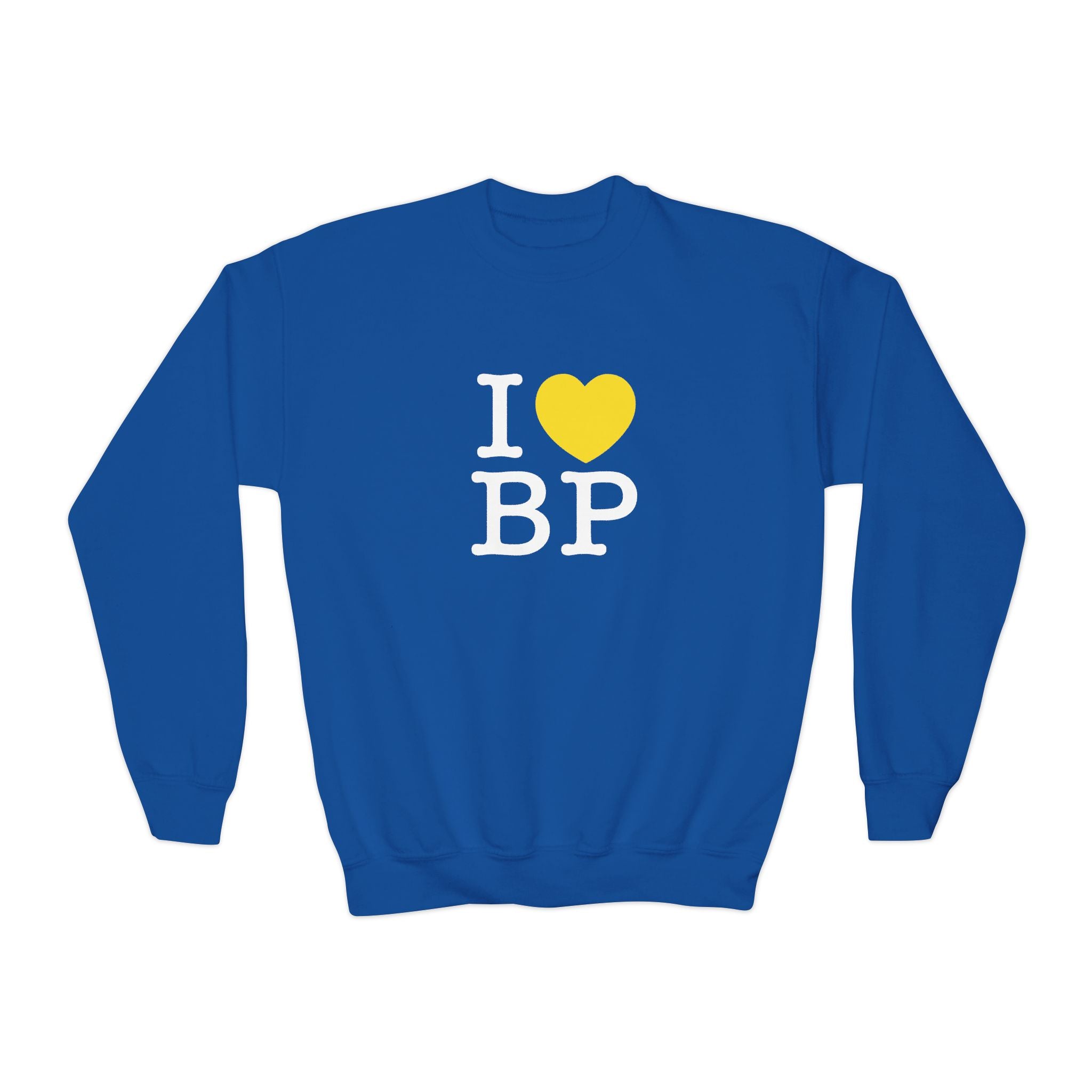 Blue sweatshirt with 'I ❤️ BP' text on a white background